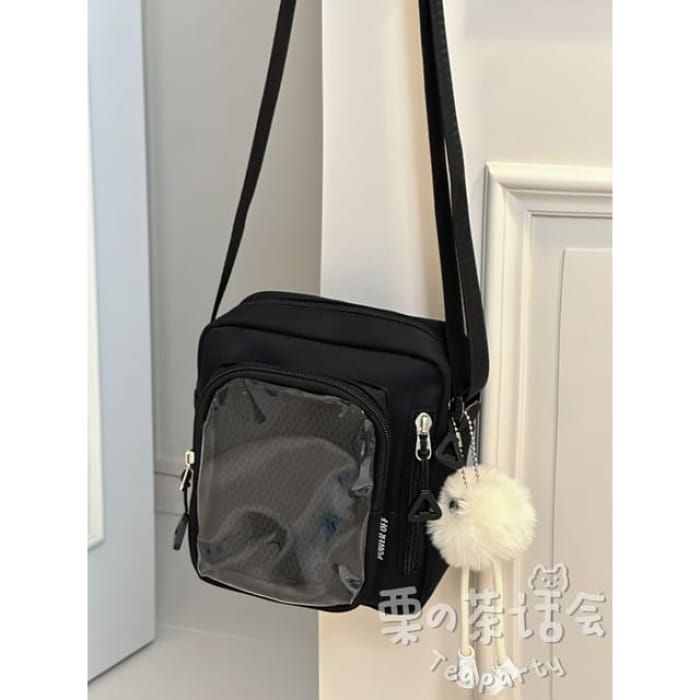 Plain Transparent Panel Crossbody Bag - With Pom - Black