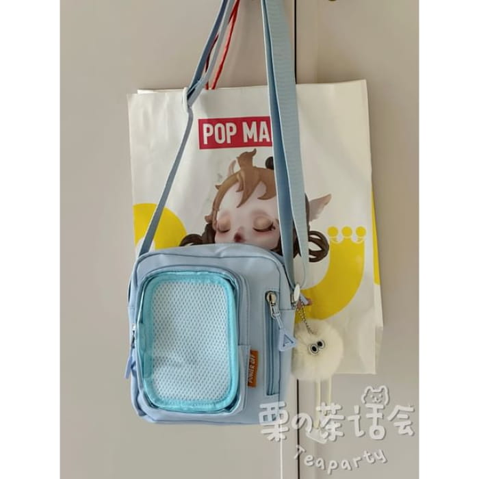 Plain Transparent Panel Crossbody Bag - With Pom - Blue