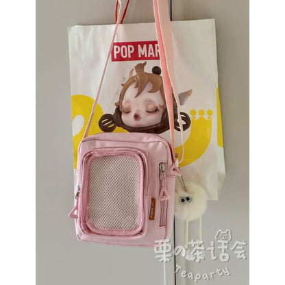 Plain Transparent Panel Crossbody Bag - With Pom - Pink