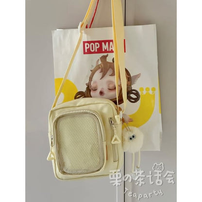 Plain Transparent Panel Crossbody Bag - With Pom - Yellow