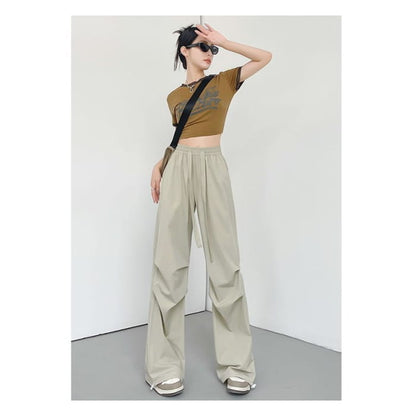 Plain Wide Leg High Waist Parachute Cargo Pants