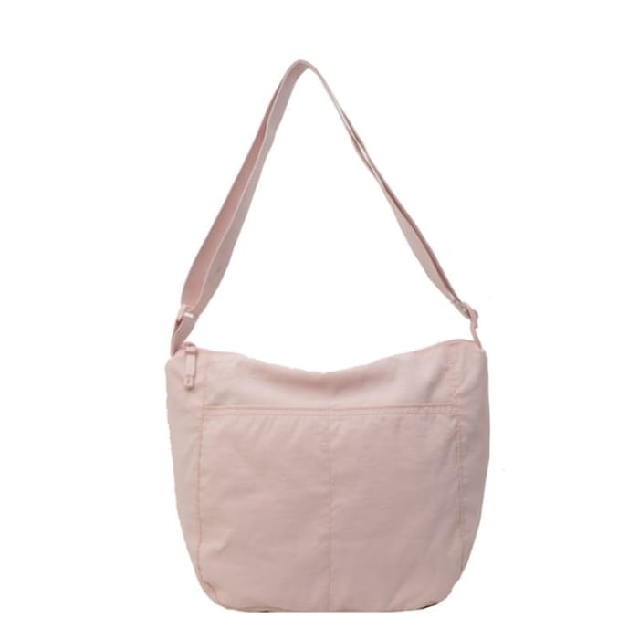 Plain Zip Nylon Shoulder Bag - Pink / One Size