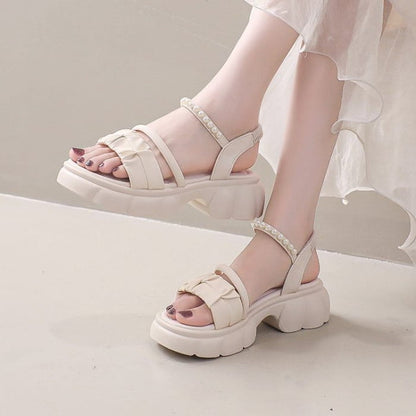 Platform Ankle Strap Faux Pearl Accent Ruched Leather