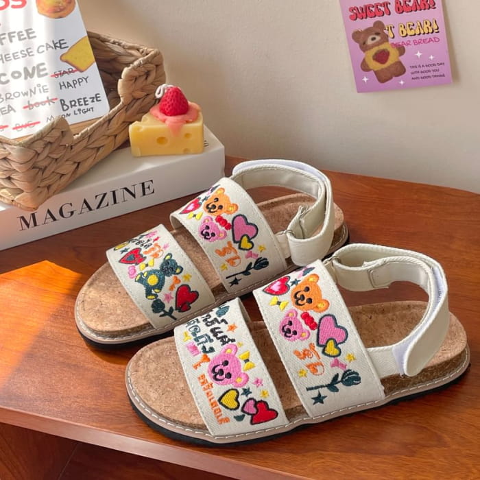 Platform Bear Embroidered Slide Sandals / Slingback