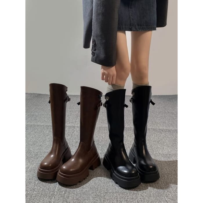 Platform Buckled Cutout Knee High Boots