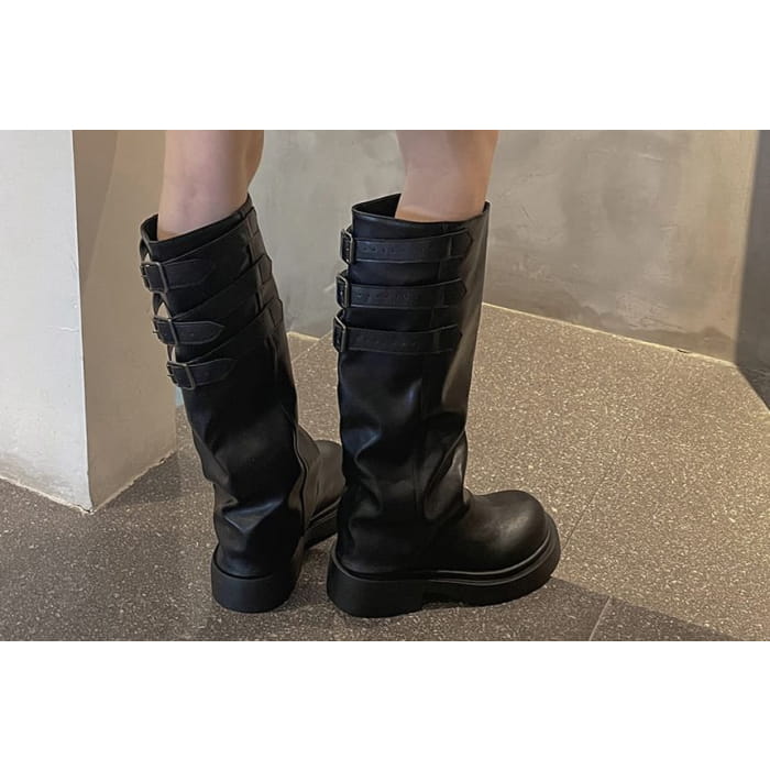 Platform Buckled Panel Knee High Boots