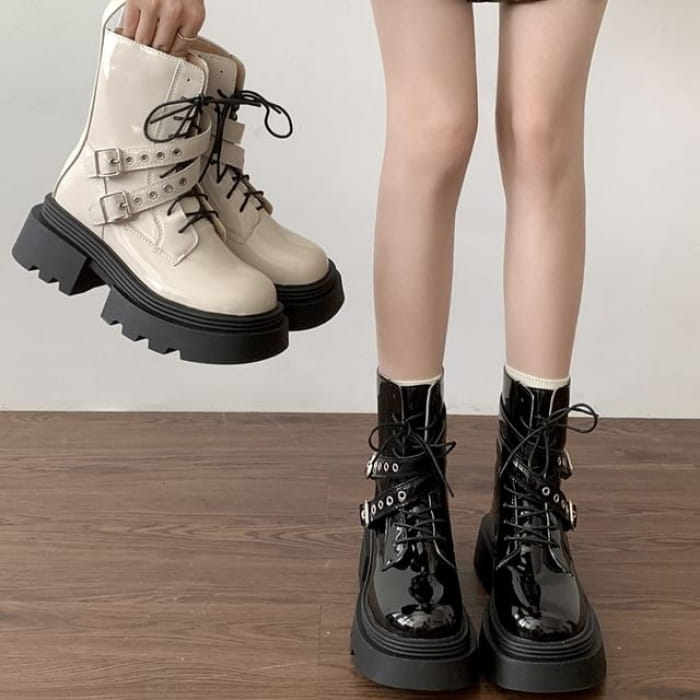 Platform Buckled Patent Leather Lace Up Short Boots