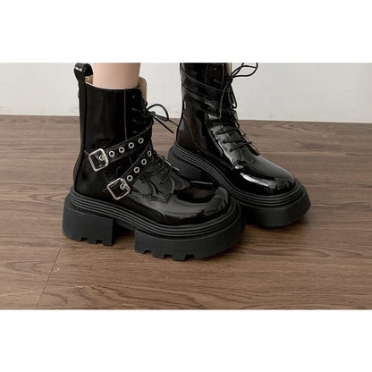 Platform Buckled Patent Leather Lace Up Short Boots