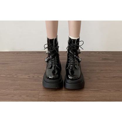 Platform Buckled Patent Leather Lace Up Short Boots