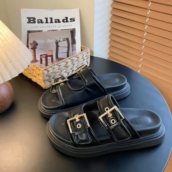 Platform Buckled Slide Sandals - Black / 35