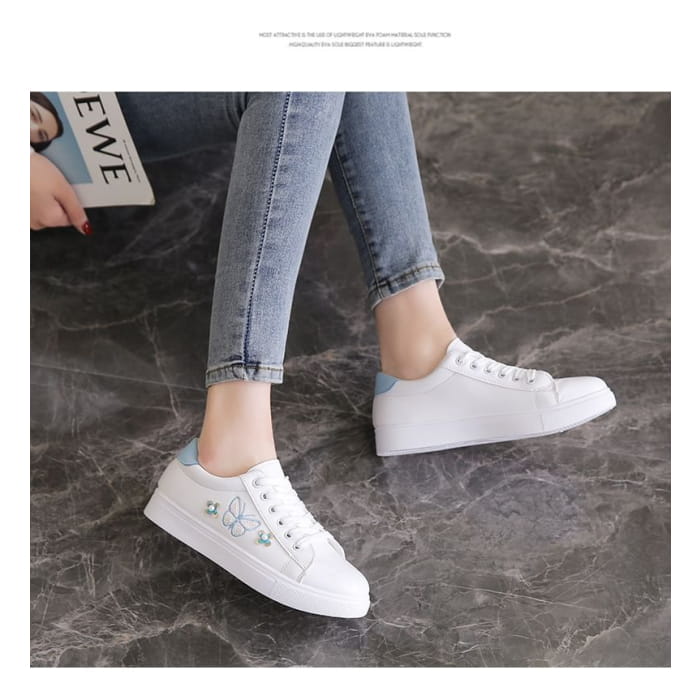 Platform Butterfly Embroidered Faux Pearl Accent Lace-Up