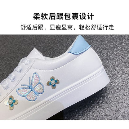 Platform Butterfly Embroidered Faux Pearl Accent Lace-Up