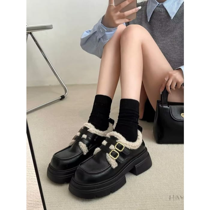 Platform Chunky Heel Buckled Fleece-Lined Mary Jane Shoes