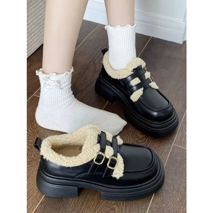 Platform Chunky Heel Buckled Fleece-Lined Mary Jane Shoes