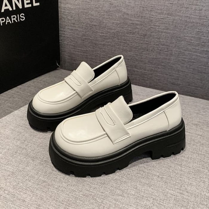 Platform Chunky Heel Loafers - Off-White / 35