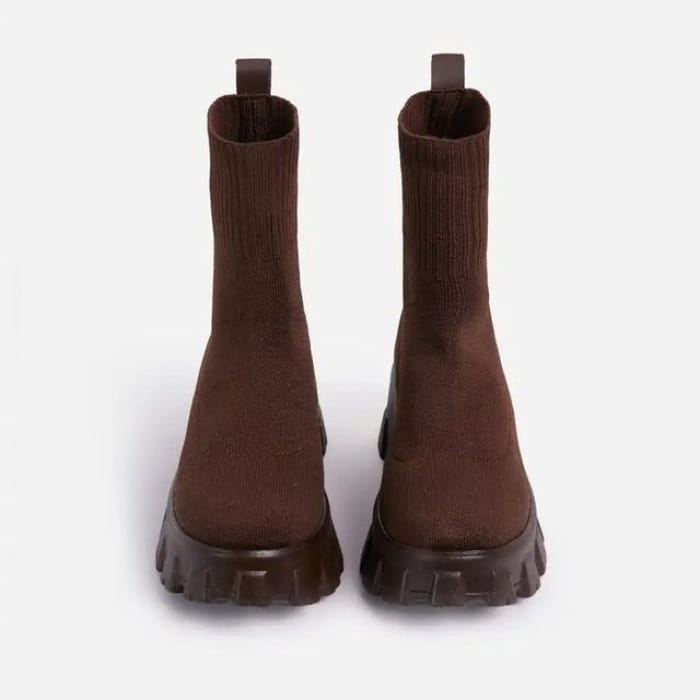 Platform Chunky Heel Sock Boots - Coffee / 36