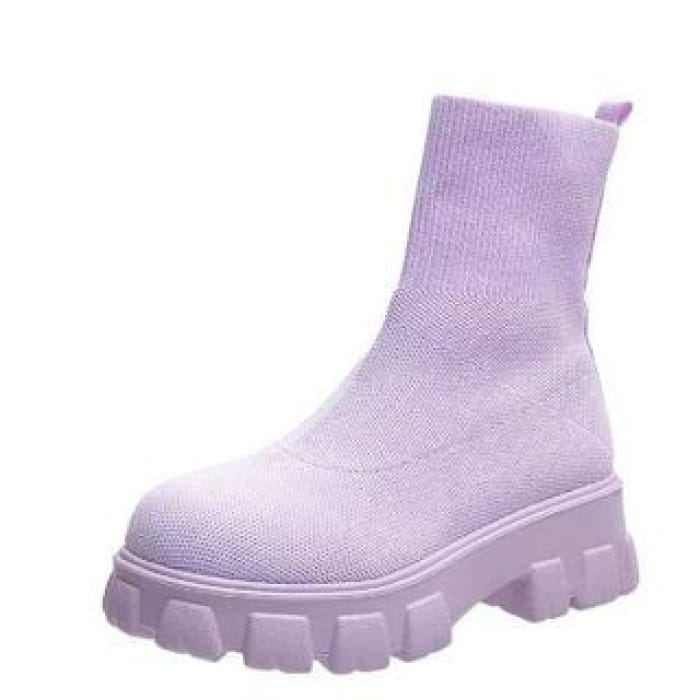 Platform Chunky Heel Sock Boots - Purple / 36