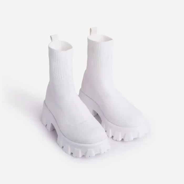 Platform Chunky Heel Sock Boots - White / 36