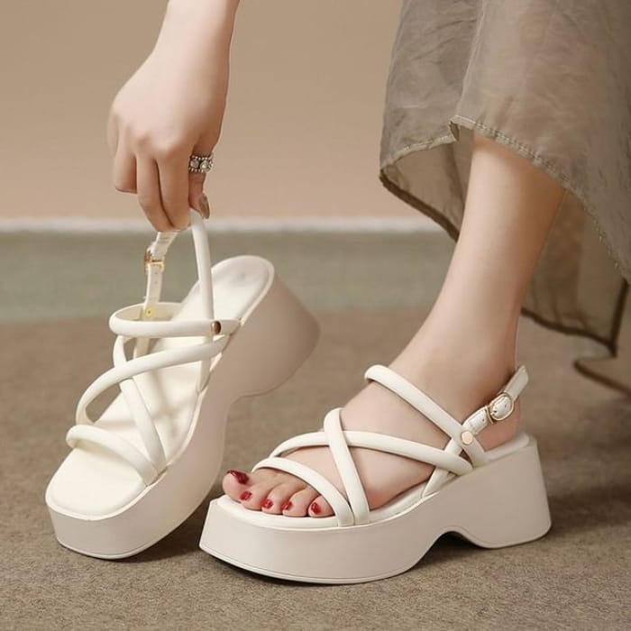 Platform Chunky Heel Strappy Sandals - Off-White / 35