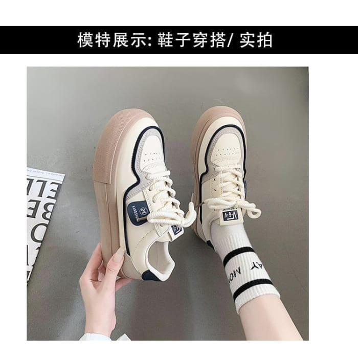 Platform Color Block Applique Faux Leather Lace-Up Sneakers