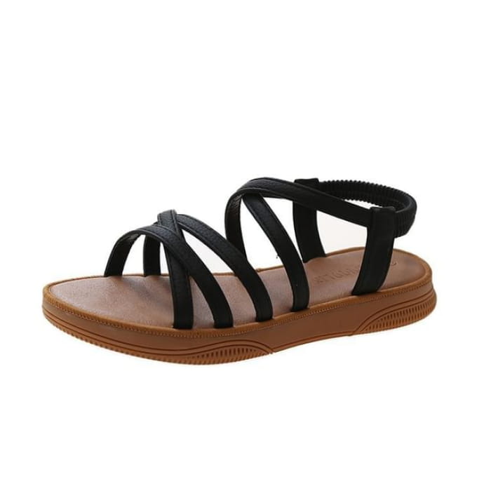 Platform Cross Strap Faux Leather Slingback Sandals - Black