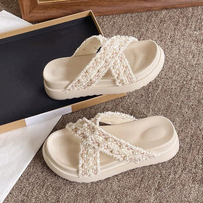 Platform Cross Strap Tweed Faux Pearl Accent Sandals - Shoes