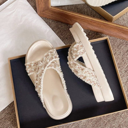 Platform Cross Strap Tweed Faux Pearl Accent Sandals - Shoes