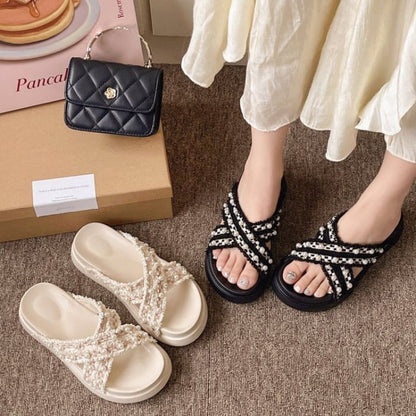 Platform Cross Strap Tweed Faux Pearl Accent Sandals - Shoes