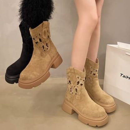 Platform Embroidered Cutout Short Boots