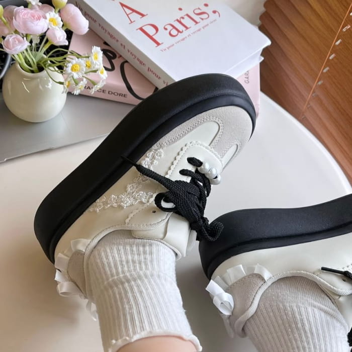 Platform Faux Pearl Bow Panel Sneakers