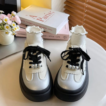 Platform Faux Pearl Bow Panel Sneakers