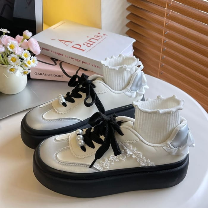 Platform Faux Pearl Bow Panel Sneakers