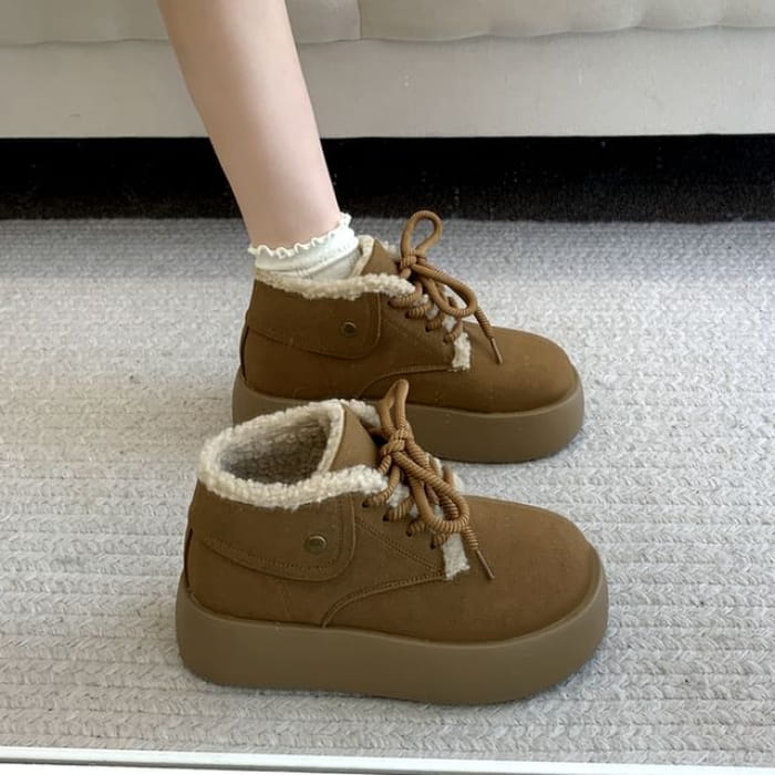 Platform Fleece-Lined Lace-Up Faux Suede Shoes - Brown / 35