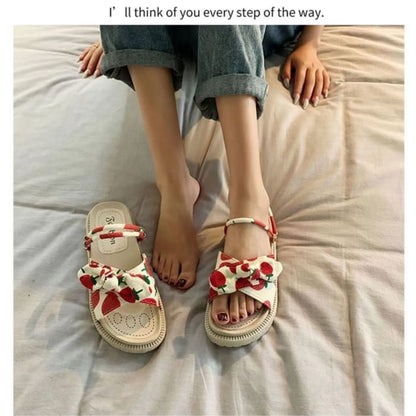 Platform Fruit Print Bow Slide Sandals