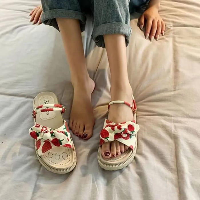 Platform Fruit Print Bow Slide Sandals