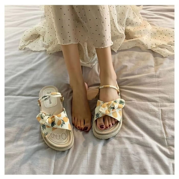 Platform Fruit Print Bow Slide Sandals