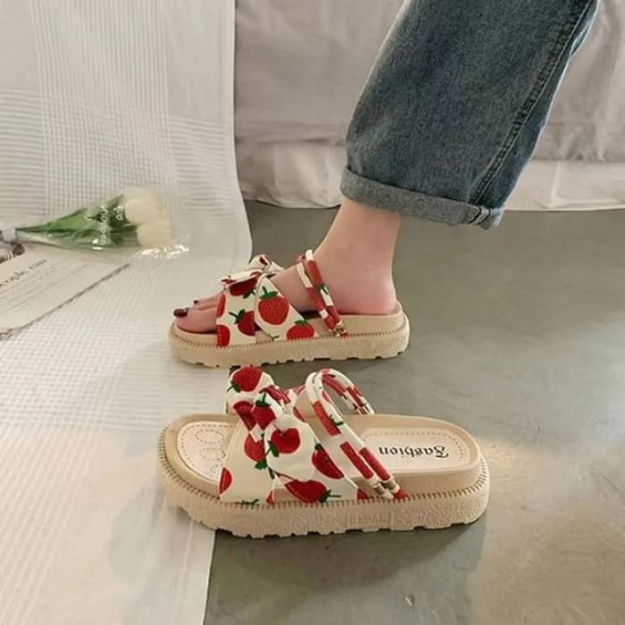 Platform Fruit Print Bow Slide Sandals - Red Strawberries