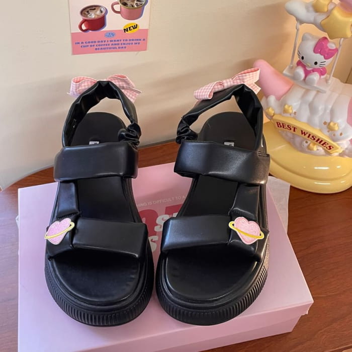 Platform Heart Applique Bow Sandals