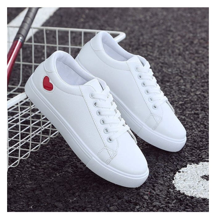 Platform Heart Print Faux Leather Lace-Up Sneakers