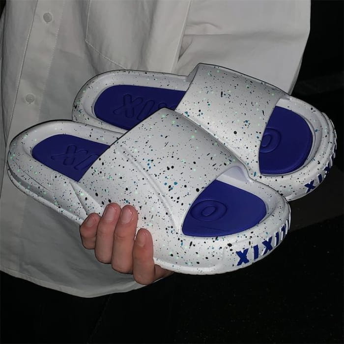 Platform Home Slippers - 702 - White & Blue / 36 To 37