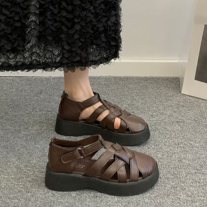 Platform Plain Faux Leather Gladiator Sandals - Brown / 35