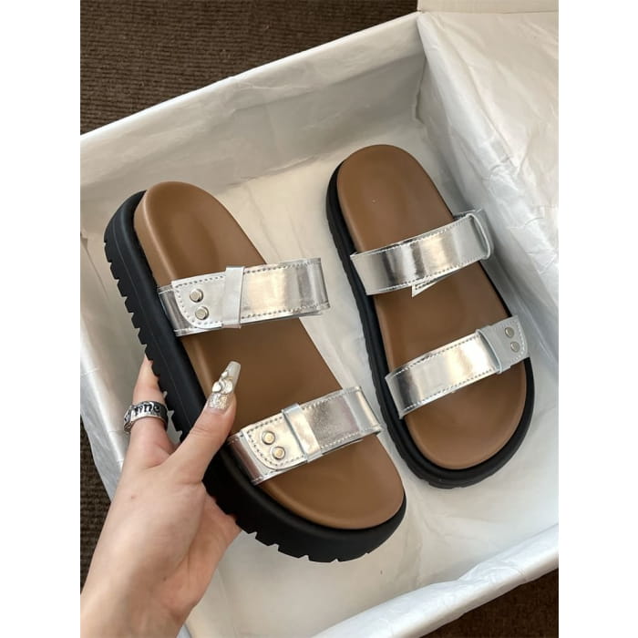 Platform Plain Faux Leather Slide Sandals