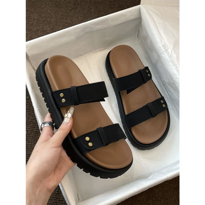 Platform Plain Faux Leather Slide Sandals