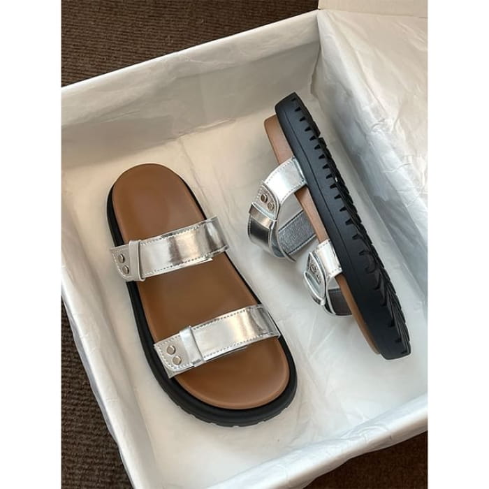 Platform Plain Faux Leather Slide Sandals - Silver / 35