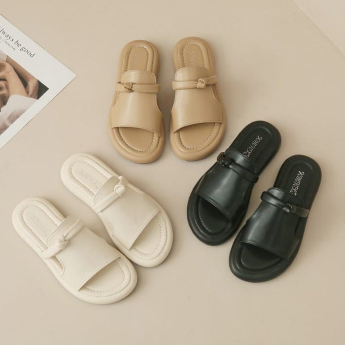 Platform Plain Knot Faux Leather Slide Sandals - Shoes