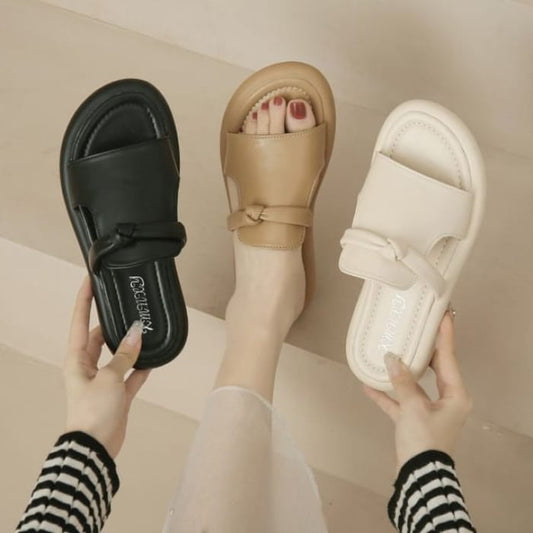 Platform Plain Knot Faux Leather Slide Sandals - Shoes