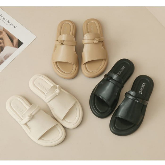 Platform Plain Knot Faux Leather Slide Sandals - Shoes