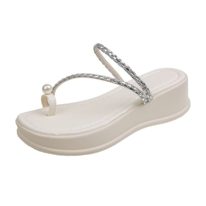 Platform Rhinestone Strap Faux Pearl Accent Toe Loop