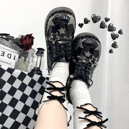 Platform Star Applique Buckled Lace Up Shoes