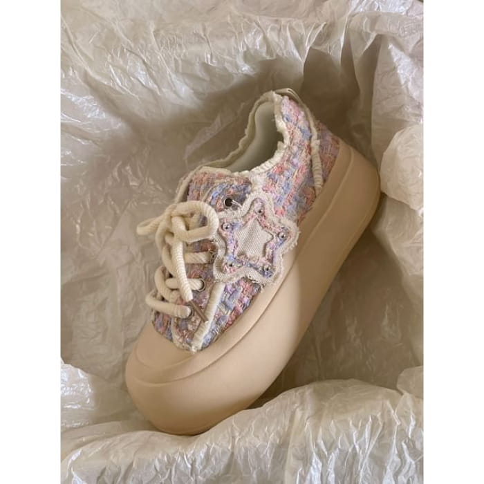 Platform Star Applique Tweed Sneakers - Almond & Blue Pink